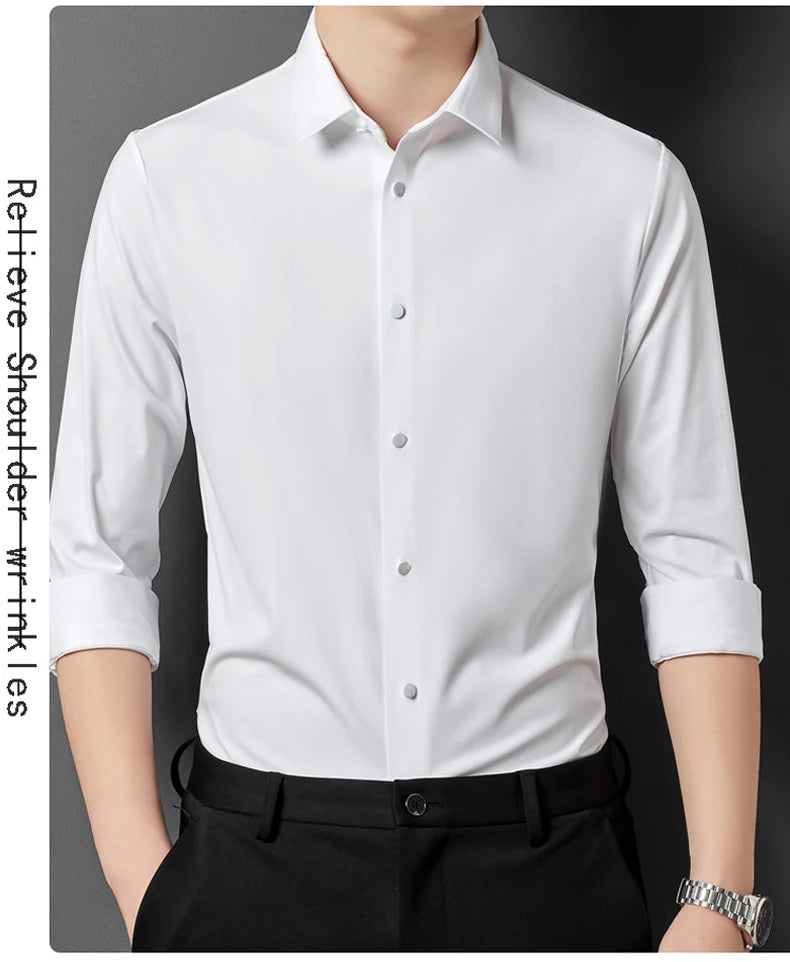 Men's High Quality Solid High Elasticity Seamless Comfortable Long Sleeve Shirts Slim Social Casual Business Formal Dress Shirt