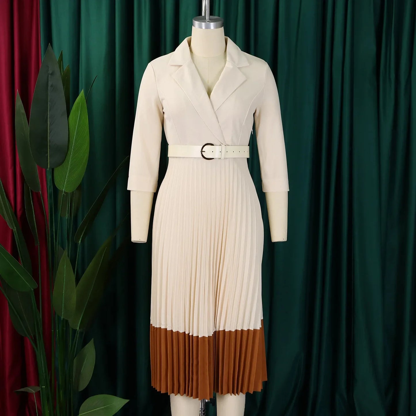CM.YAYA Fashion Full Sleeve Notched Neck Solid High Waist Belt Dress Women Autumn Office Lady Pleated Long Africa Midi Dresses
