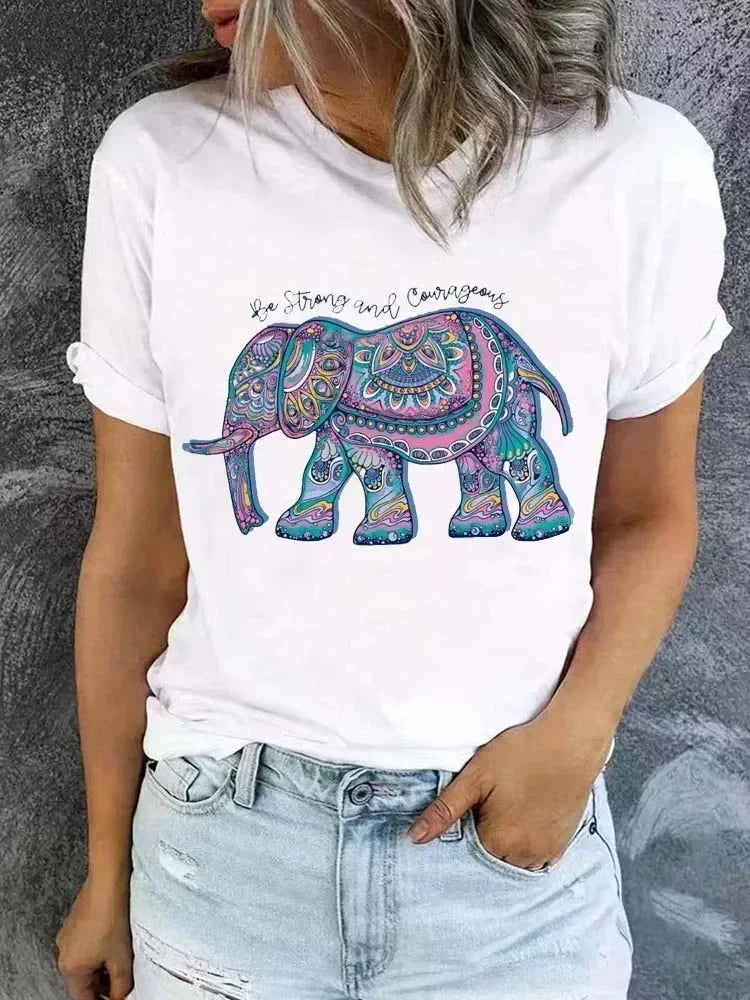 Spring Woman  T-Shirts Funny Elephant Boho Printed Short Sleeve Tees Fashion Female Clothes Comfortable Soft Street Tops