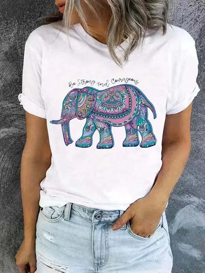 Spring Woman  T-Shirts Funny Elephant Boho Printed Short Sleeve Tees Fashion Female Clothes Comfortable Soft Street Tops