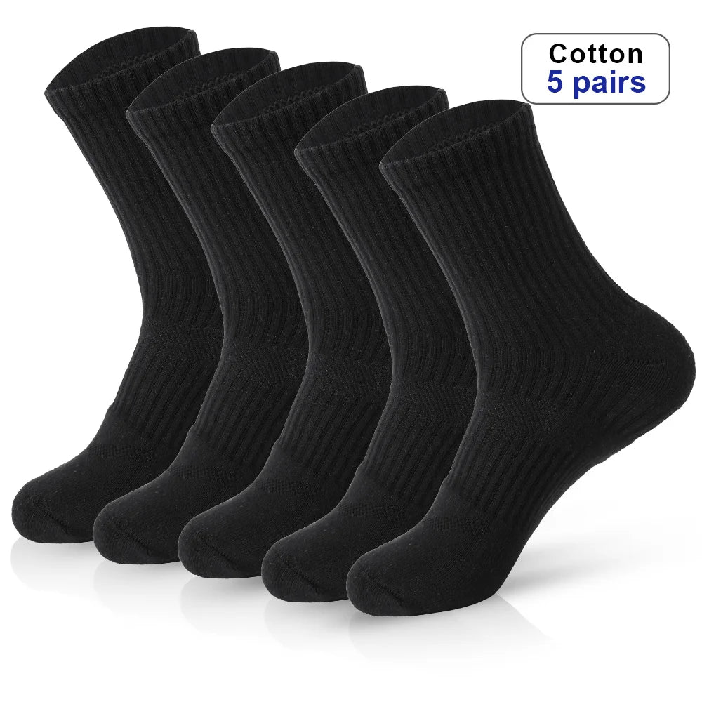 Mens Moisture Wicking Outdoor Hiking Work Cotton Socks Compression Cushion Crew Socks Leisure Men Black Socks 5 Pairs