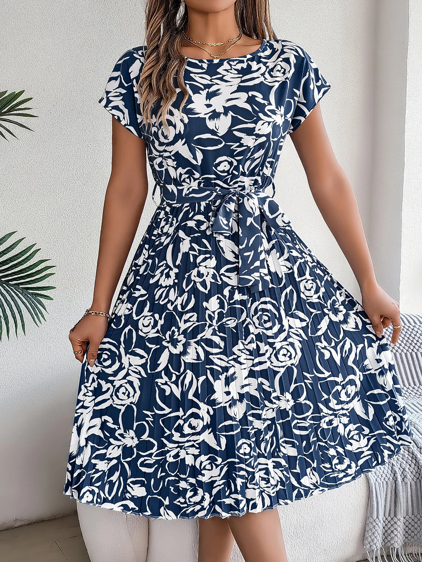 Spring Summer Elegant Flower Print Dress Short Sleeve Folded Dresses for Women Mother's Day