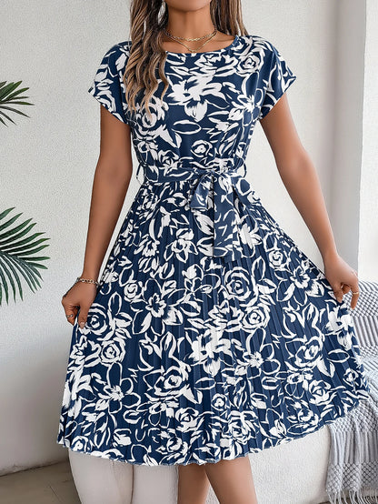 Spring Summer Elegant Flower Print Dress Short Sleeve Folded Dresses for Women Mother's Day
