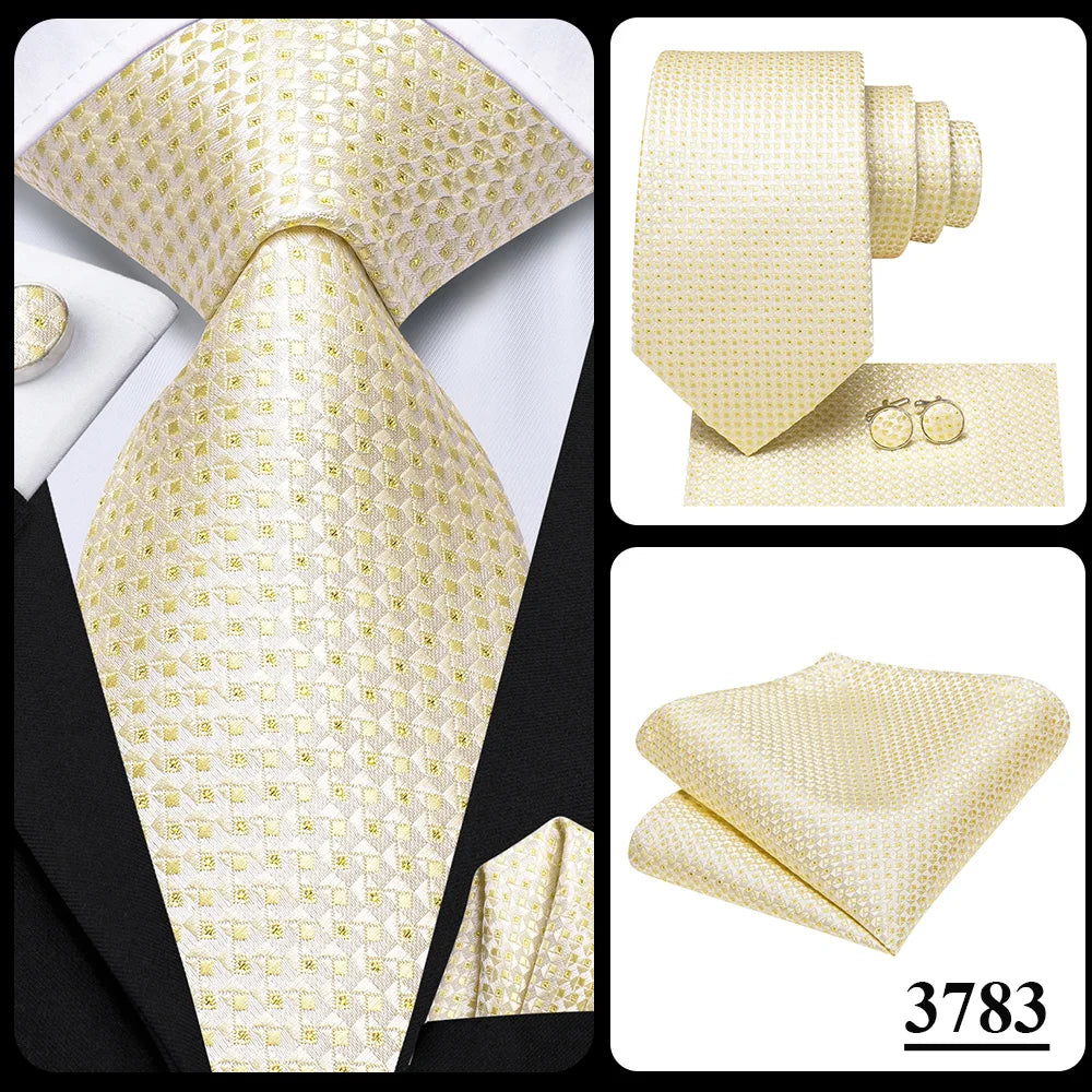 Hi-Tie Champagne Gold-color Silk Mens Elegant Ties Fashion Mens Necktie Pocket Square Cufflinks Set Business Party Wedding