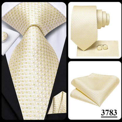 Hi-Tie Champagne Gold-color Silk Mens Elegant Ties Fashion Mens Necktie Pocket Square Cufflinks Set Business Party Wedding
