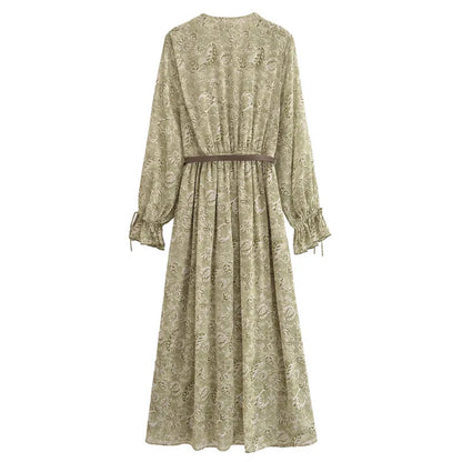2025 New Spring Womens Dress Flower Printed Long Dresses For Women Long Sleeve Belt Midi Dress Ladies Elegant Party Dresses