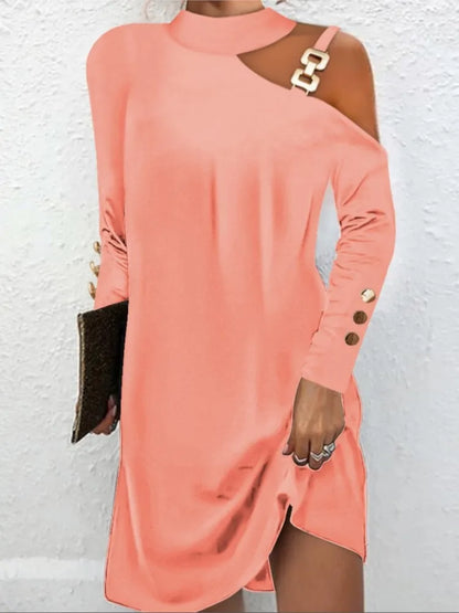 Fashion Women Solid Casual Dress Autumn Winter Female Elegant Long Sleeve Metal Buckle Halter Neck Casual Mini Dress Robe Femme