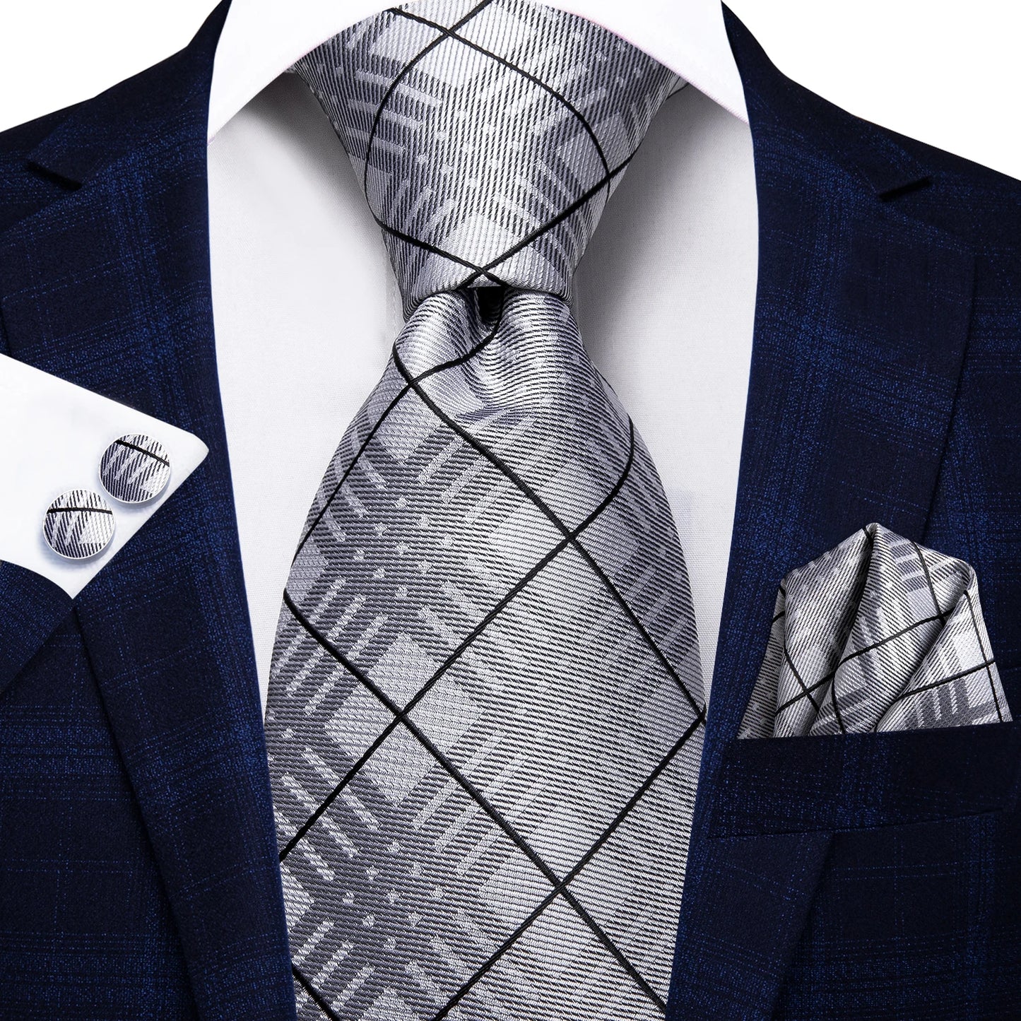 Hi-Tie Designer Silk Wedding Tie For Men Blue White Plaid Handky Cufflink Set Fashion Necktie For Men Business Party Wholesale