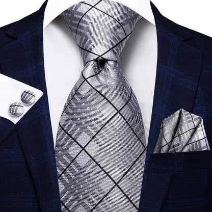 Hi-Tie Designer Silk Wedding Tie For Men Blue White Plaid Handky Cufflink Set Fashion Necktie For Men Business Party Wholesale