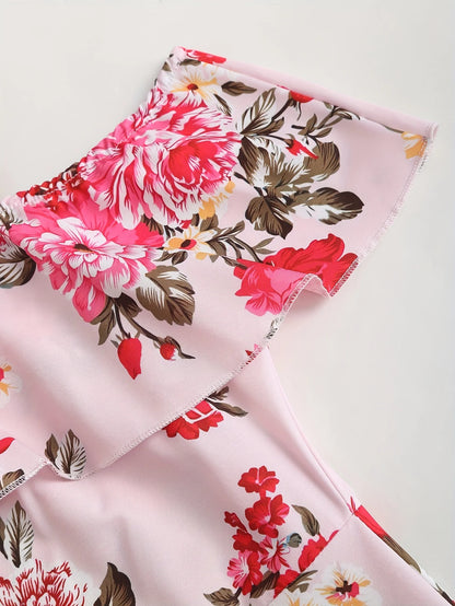 New spring and summer women's fashion from Europe and America: floral print off-shoulder ruffle dress