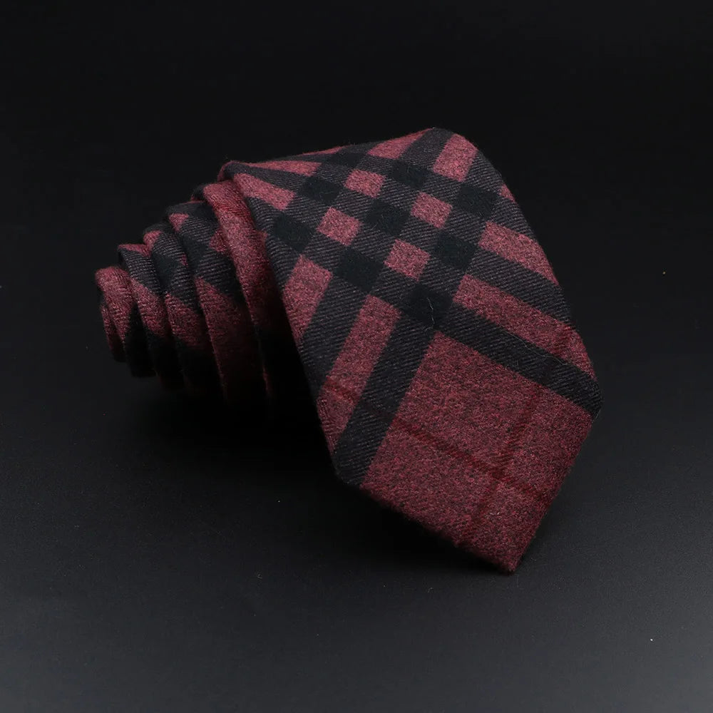 Men's Plaid Tie Cotton Black Grey Red Necktie Handmade Wool Narrow Collar Ties Wedding Business Party Suit Shirt Gift Accessory