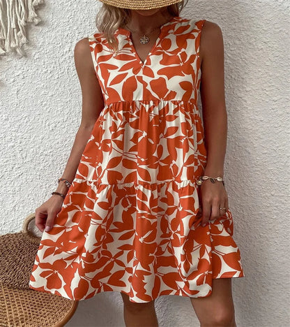Spring and summer 2024 European and n Ladies Elegant Dress Bohemian fashion loose V-neck ruffle print dress
