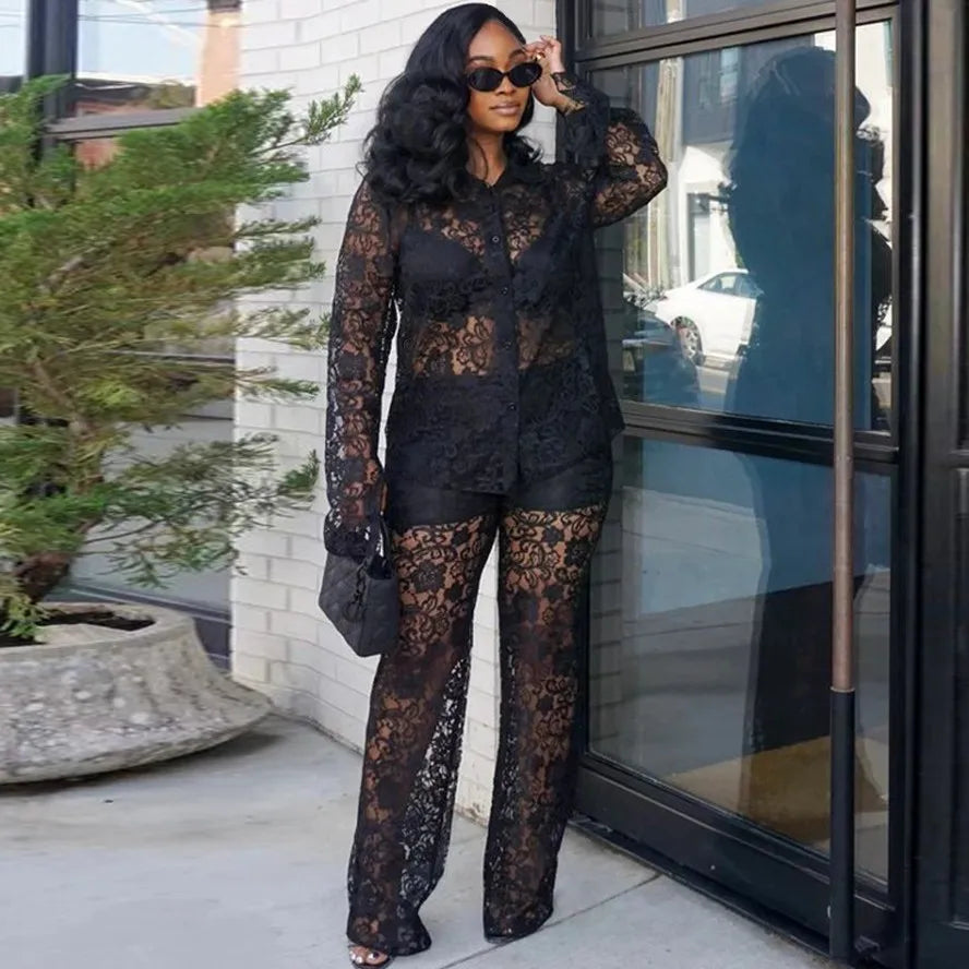 Perspective Lace Pants Set Summer 2024 New 2 Piece Set Chic Slim Elegant Office Women's Set Fashion Street Youth 2-piece Suit