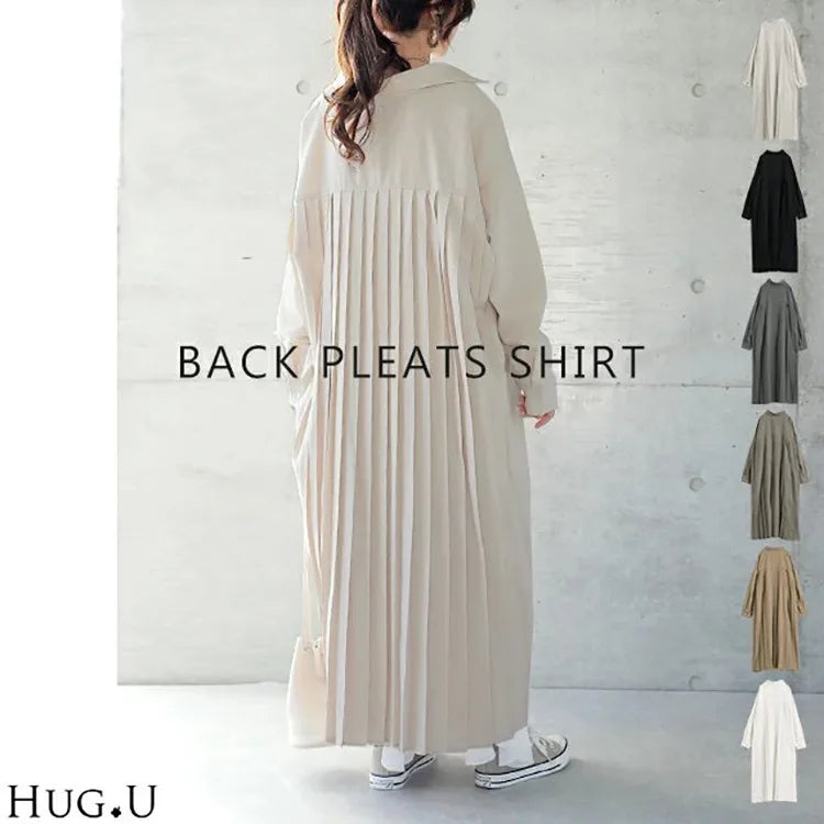 Spring Long Shirt Dress A-line Women's Dress Elegant Pleated Long Sleeve Casual Dresses Female Fashion Oversize Ladies Clothes