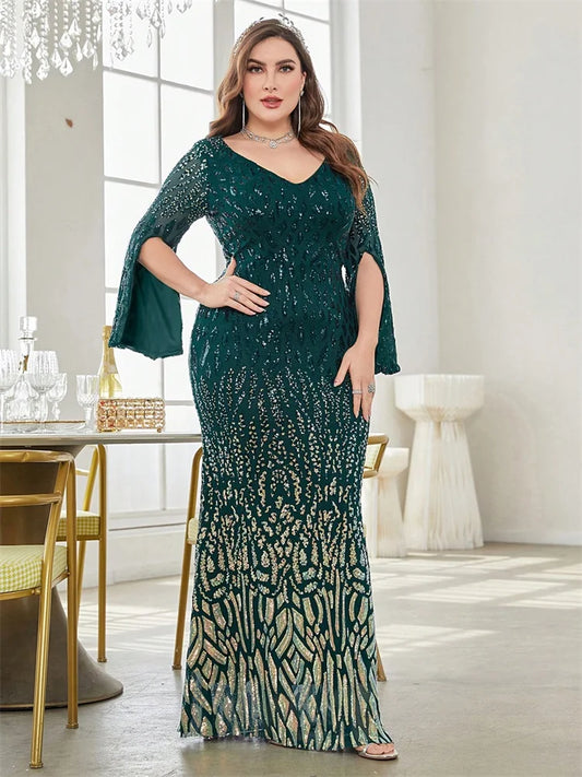Plus Size Elegant Sequin Black Evening Dress 2025 Women Formal Maxi Prom Long Sleeves Party Luxury Cocktail Bridesmaid Gowns