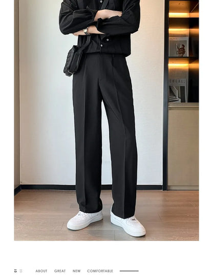 Spring Summer Men Suit Pants Wide Leg Long Drape Trousers Fashion Streetwear Clothing Solid Stretch Waist Oversize Pants Black