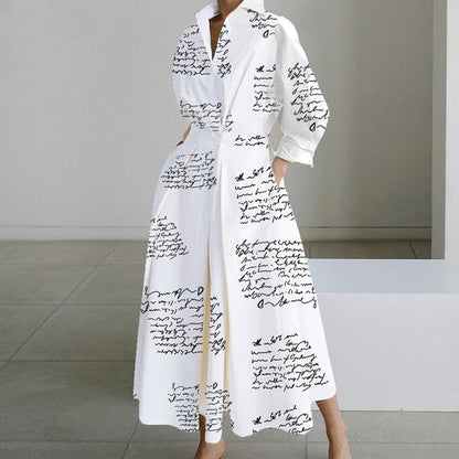 Fashion Dress Women Spring New Long Sleeve Turn-down Collar High Waist Print Button Elegant Big Hem Loose Commute Female Dress