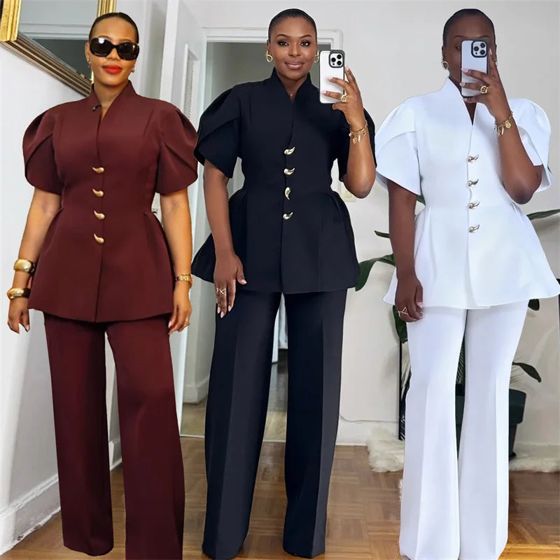 Vintage Elegant Two Piece Set Women Matching Sets Office Lady Single-breasted Puff Sleeve Blazer Coat and Wide Leg Pant Suits