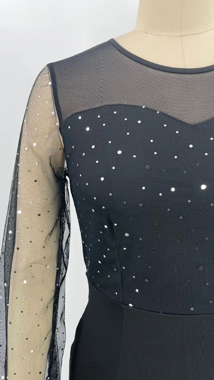 Mesh Patchwork Dress Womens Fashion Round Neck Long Sleeve Slim Elegant Dress Women