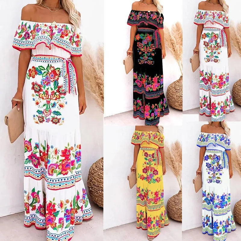 2024 Spring Summer Women's New Sexy One Shoulder Off Shoulder Fashion Red Flower Printed Lace Up Waist Long Swing Dress