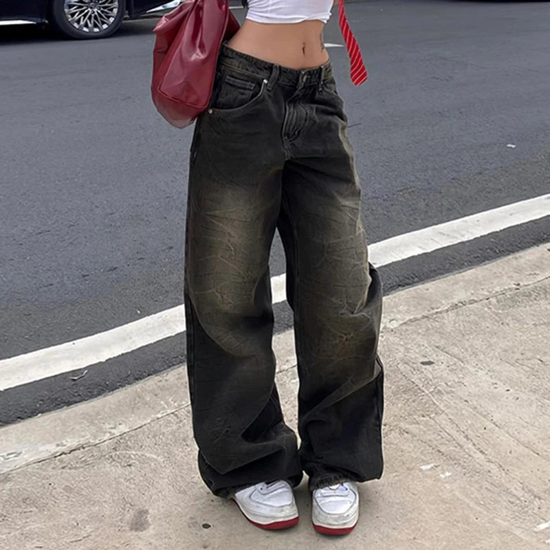 Darlingaga Streetwear Grunge Baggy Jeans Women Vintage Distressed Straight Leg Y2K Denim Pants 90s Aesthetic Outfits Washed Chic
