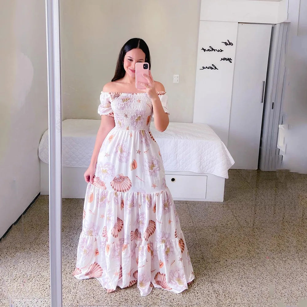 Spring Summer Sexy Off Shoulder Maxi Dress Woman Fashion Flower Print Short Sleeve Dresses For Women 2023 Elegant Party Robe