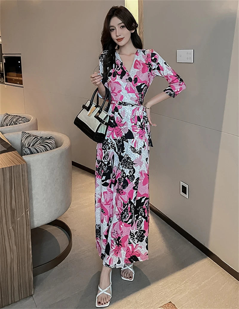 FANIECES Summer Wrap Dresses Women Sexy V Neck Split Maxi Dress Print Female Casual Beachwear Lace Up Party Vestidos Robe платье