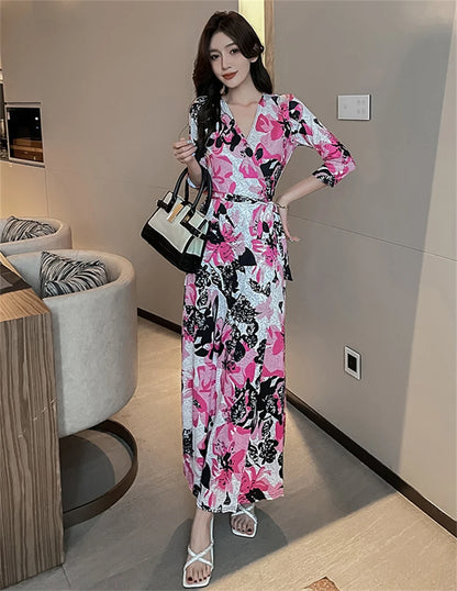 FANIECES Summer Wrap Dresses Women Sexy V Neck Split Maxi Dress Print Female Casual Beachwear Lace Up Party Vestidos Robe платье