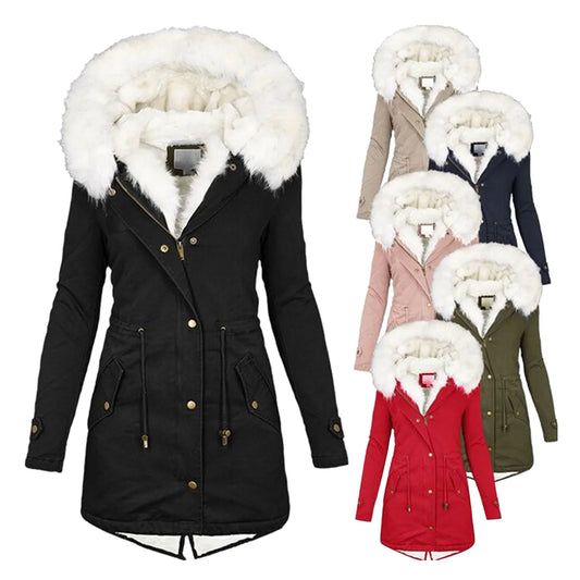 Thickened Medium-Length Women's Cotton Coat Jacket Hooded Fleece Lining Waist-Fitted Plus Size Winter Thermal Cotton Padded Coat