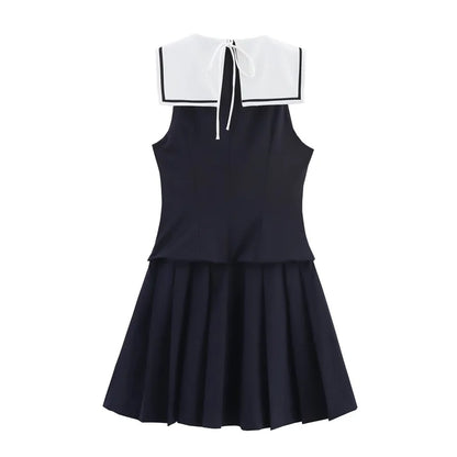 Women's Dresses New Summer 2025 Sailor Suit Style Wide Pleated Cropped Dress Fashionable Color-Blocking Sexy Cute Personality