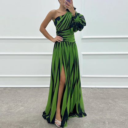 Spring Summer One Off Shoulder Fashion Party Dress, Women Printing Skew Collar Slim Maxi Dress, Long Sleeve Elegant Ladies Dress