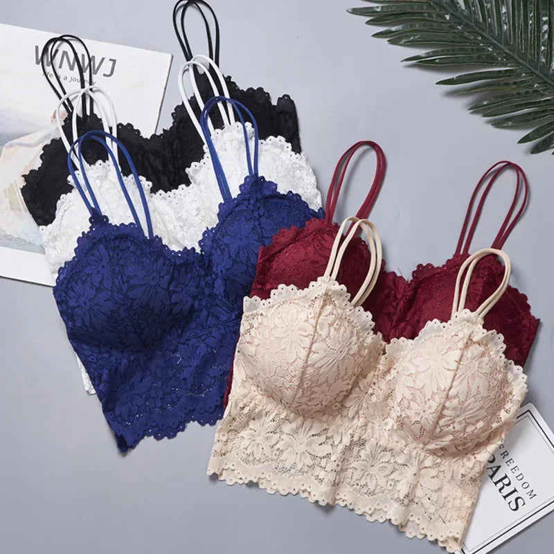 Women Wireless Lace Flower Bra Push Up Bralette Sexy Lingerie Full Cup Backless Vest Brassiere Soft Top Plus Size Underwear