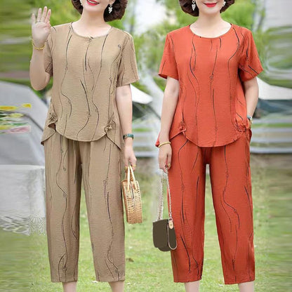 2023 Summer Women's Trousers Suit Pastoral Fashion Loose Short Sleeve Two Piece Suit Striped Cotton Linen Wild T-shirt Pant Sets