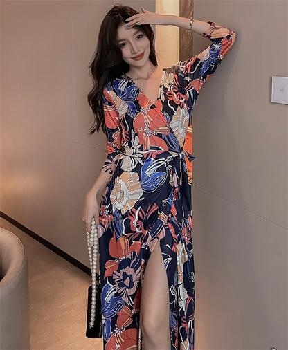 FANIECES Summer Wrap Dresses Women Sexy V Neck Split Maxi Dress Print Female Casual Beachwear Lace Up Party Vestidos Robe платье