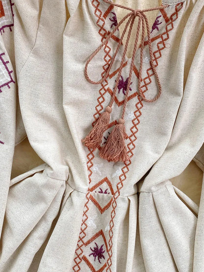 Women's Spring Dress Bohemian Retro Ethnic Style Diamond Cotton Linen Blend Embroidered Lantern Sleeves Mini Dress DS003