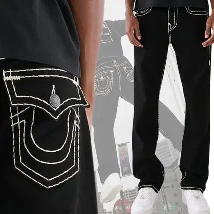 Hip Hop Street Leisure Denim Pants True Religion Y2k Gothic Vintage Fashion Embroidered Straight Leg Wide Leg Jeans Men Clothing