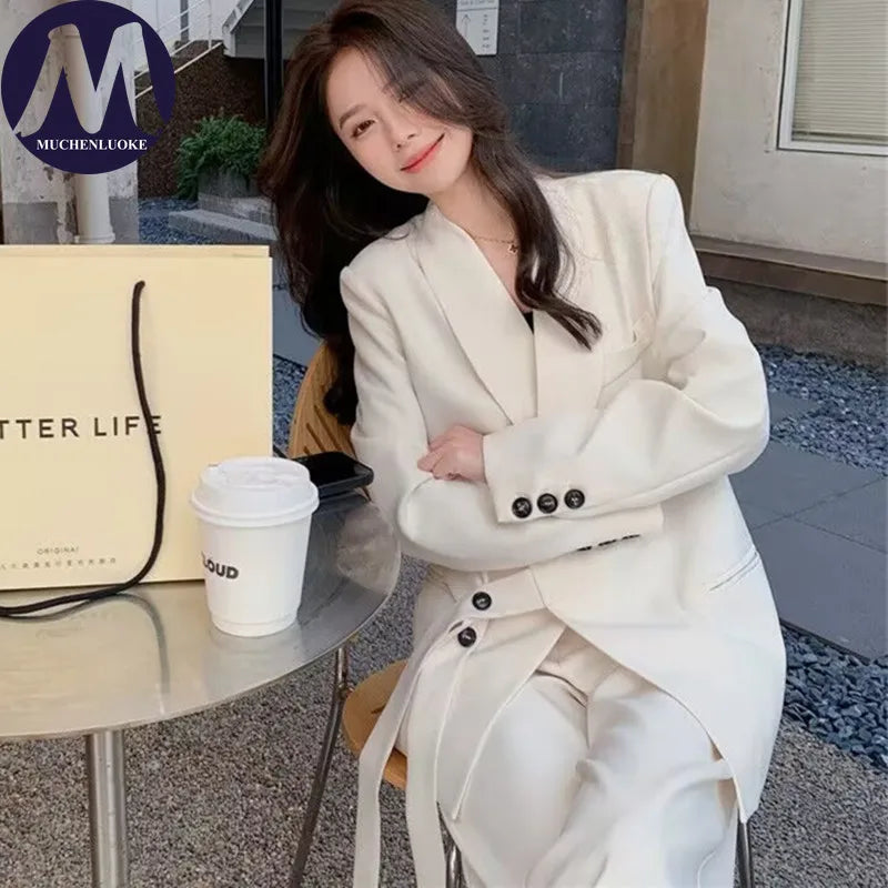 Women's Korean Fashion Long Sleeve Blazer And Wide Leg Pants Two-Piece Set Office Casual Loose Fit Spring Autumn Suits