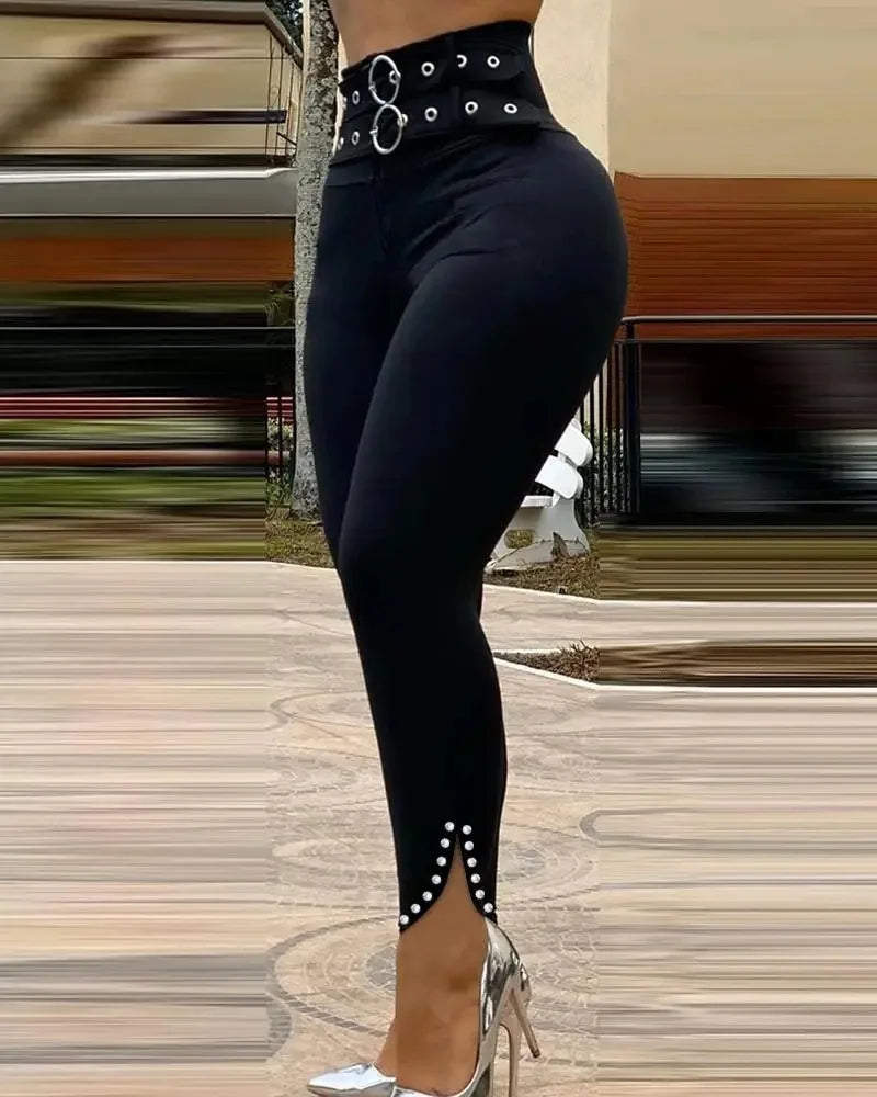 2024 Spring Summer New Women's Slit Trousers Cannon Beads High Waist Metal Sheet Skinny Pants