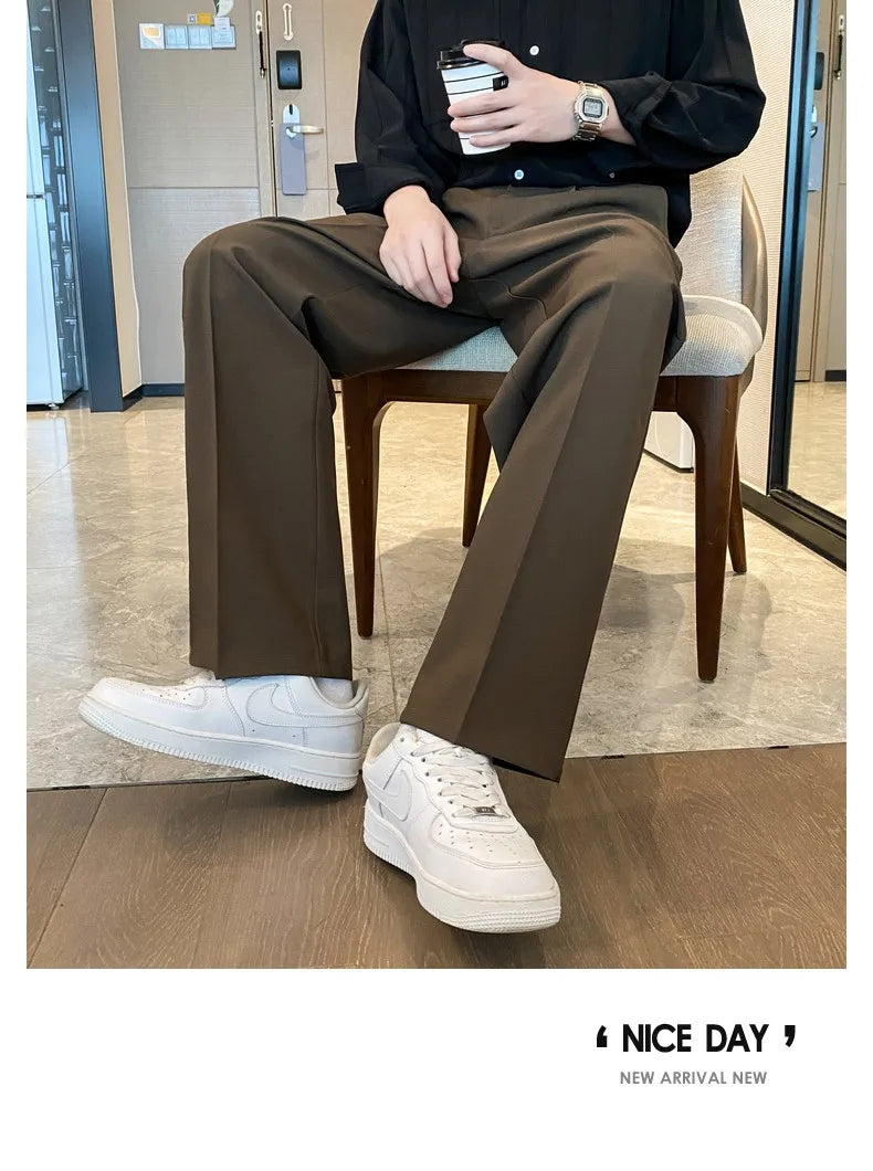 Spring Summer Men Suit Pants Wide Leg Long Drape Trousers Fashion Streetwear Clothing Solid Stretch Waist Oversize Pants Black