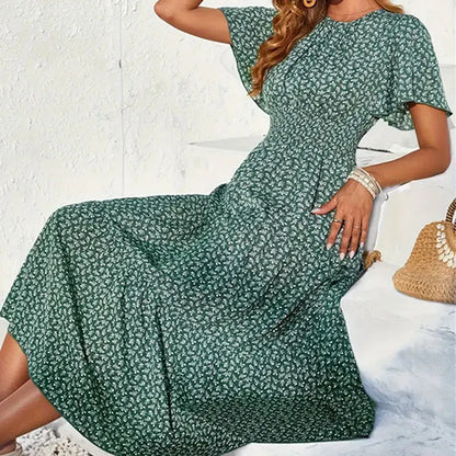 Spring Summer Tierred Dress Women Midi Dresses Female Short Sleeve Elastic Waist Printed Floral Pleated Backless Casual Dress