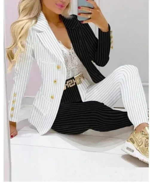 2024 New Women's Fashion Two Piece Sets Business Casual Women Long Sleeve Suit Coats and Pants Sets Office Ladies Formal Outfits