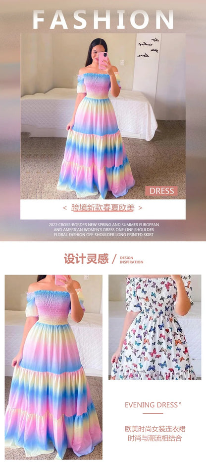 Spring Summer Sexy Off Shoulder Maxi Dress Woman Fashion Flower Print Short Sleeve Dresses For Women 2023 Elegant Party Robe