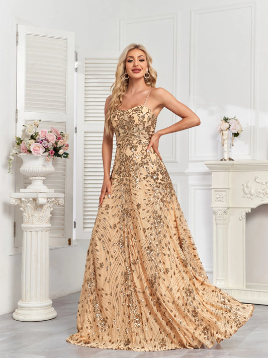 XUIBOL Party Low-Cut Spaghetti Strap Dress, Luxurious Sequin Evening Gown