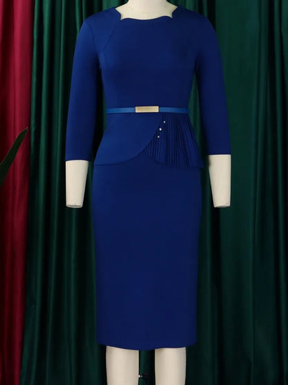 L-3XL Plus Size Elegant Midi Dress 2025 Spring Summer Women Office Lady Dress Casual 3/4 Sleeve Bandage Robe Oversize Dress