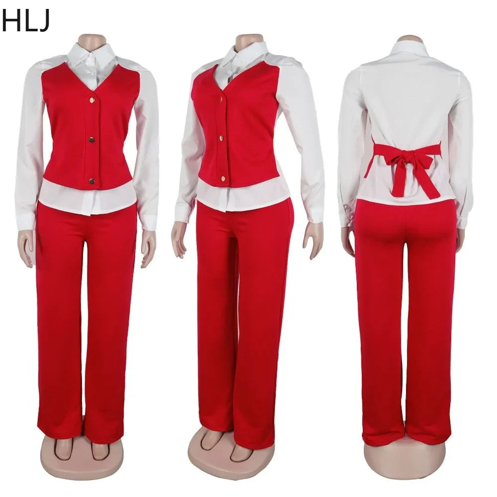 HLJ Elegant Lady Patchwork Shirts Two Piece Sets Women Lapel Long Sleeve Button Top And Pants Outfits Autumn OL 2pcs Clothing