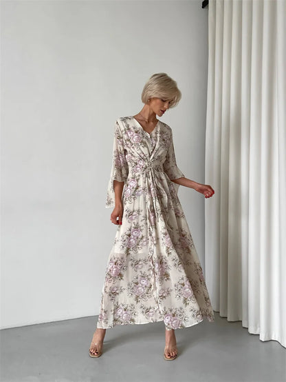 Elegant Bodycon Chiffon Maxi Dress Women Bandage Sexy Side Slit Beach Dress White Pink Floral Summer Long Dresses For Women 2024