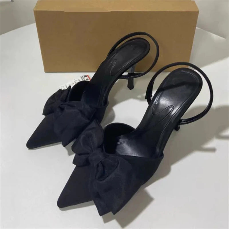 TRAF Black Big Bow Knot High Heel Stilettos New Point Head Slingbacks Pumps For Woman French Sweet Sandals Women Shoes Trend