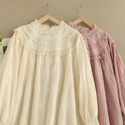 Spring Sweet Mori Girl Hollow Out Embroidered Dress Women Harajuku Long Sleeve Casual Midi Dresses