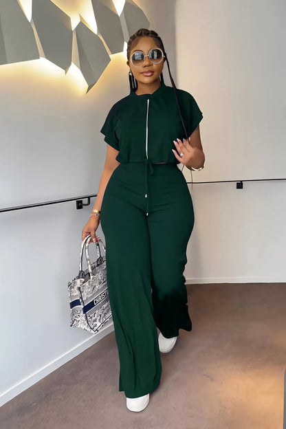 Women Casual Round Neck Drawstring Short Sleeve Top & High Waist Pants Set Summer Solid Two Piece Suit Sets Outfits Set Female