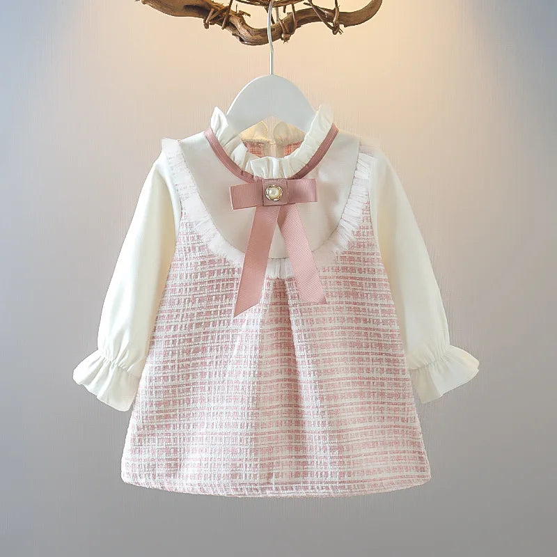 Spring And Autumn New Fake Two Piece Baby Girl Dress, Sweet Bow Grid Children'S Long Sleeve Clothes For 9 Months To 3 Years Old